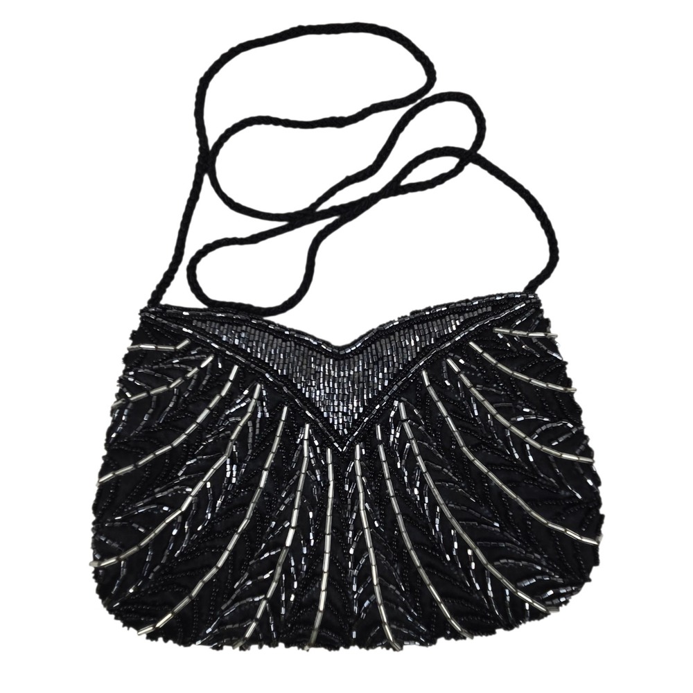 Vintage Hand Beaded Evening Bag w Twisted Satin Rope Strap Black Silver NWOT